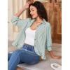 image:imageFlygo Womens 34 Sleeve Striped Button Down Shirts Cropped Ruffle Hem Casual Collared Drop Shoulder Cotton Blouse Summer TopsSubtlegreen