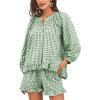 image:imageFlygo Women Gingham 2 Piece Pajama Sets Y2K Plaid Ruffle Short Sets Raglan Sleeve Shirt Lounge Shorts Sleepwear with PocketsGreen
