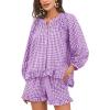 image:imageFlygo Women Gingham 2 Piece Pajama Sets Y2K Plaid Ruffle Short Sets Raglan Sleeve Shirt Lounge Shorts Sleepwear with PocketsPurple