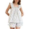 image:imageFlygo Womens Floral Pajama Set 2 Piece Summer Ruffle Cami Top amp Shorts Soft Cotton Loungewear Sleepwear with PocketsLight Blue