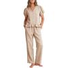 image:imageFlygo Womens Gingham 2 Piece Pajama Sets Cotton Plaid Puff Short Sleeve Ruffle Shirts Cute Lounge Pj Pants Sleepwear OutfitsBrown