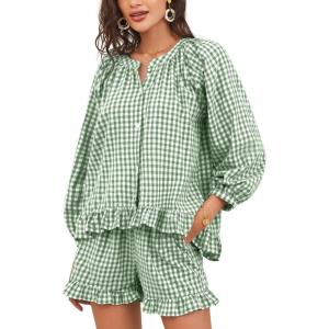 image:imageFlygo Women Gingham 2 Piece Pajama Sets Y2K Plaid Ruffle Short Sets Raglan Sleeve Shirt Lounge Shorts Sleepwear with PocketsGreen