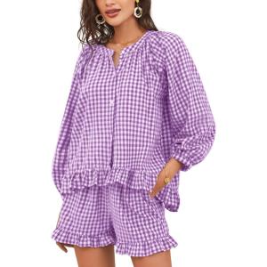 image:imageFlygo Women Gingham 2 Piece Pajama Sets Y2K Plaid Ruffle Short Sets Raglan Sleeve Shirt Lounge Shorts Sleepwear with PocketsPurple