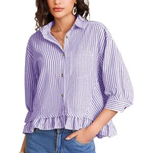 image:imageFlygo Womens 34 Sleeve Striped Button Down Shirts Cropped Ruffle Hem Casual Collared Drop Shoulder Cotton Blouse Summer TopsPurple