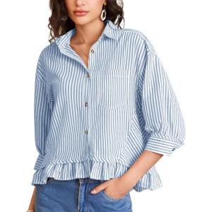 image:imageFlygo Womens 34 Sleeve Striped Button Down Shirts Cropped Ruffle Hem Casual Collared Drop Shoulder Cotton Blouse Summer TopsSubtleblue
