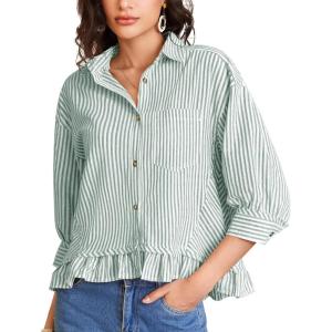 image:imageFlygo Womens 34 Sleeve Striped Button Down Shirts Cropped Ruffle Hem Casual Collared Drop Shoulder Cotton Blouse Summer TopsSubtlegreen