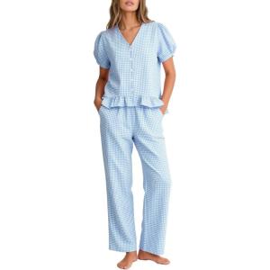 image:imageFlygo Womens Gingham 2 Piece Pajama Sets Cotton Plaid Puff Short Sleeve Ruffle Shirts Cute Lounge Pj Pants Sleepwear OutfitsBlue