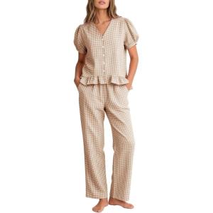 image:imageFlygo Womens Gingham 2 Piece Pajama Sets Cotton Plaid Puff Short Sleeve Ruffle Shirts Cute Lounge Pj Pants Sleepwear OutfitsBrown