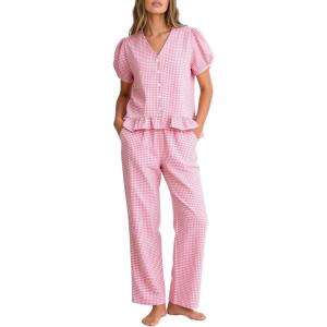 image:imageFlygo Womens Gingham 2 Piece Pajama Sets Cotton Plaid Puff Short Sleeve Ruffle Shirts Cute Lounge Pj Pants Sleepwear OutfitsPink