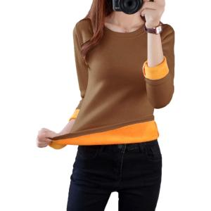 image:imageFlygo Womens Thermal Underwear Tops Round Neck Fleece Lined Baselayer ShirtsKhaki
