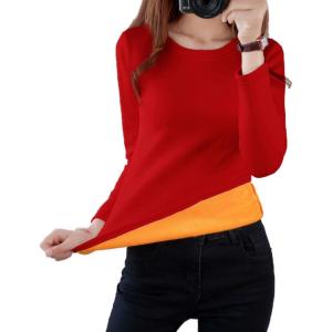 image:imageFlygo Womens Thermal Underwear Tops Round Neck Fleece Lined Baselayer ShirtsRed