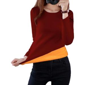 image:imageFlygo Womens Thermal Underwear Tops Round Neck Fleece Lined Baselayer ShirtsWine Red