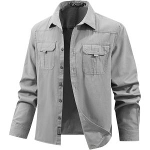 image:imageFlygo Long Sleeve Work Shirts for Men Casual Cotton Button Down Western Cowboy Cargo Shirt for Hiking Safari CampingLight Grey