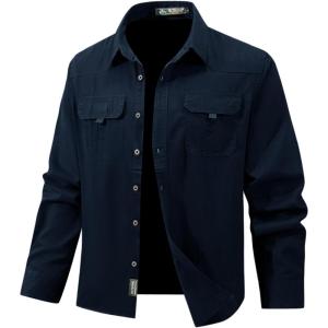image:imageFlygo Long Sleeve Work Shirts for Men Casual Cotton Button Down Western Cowboy Cargo Shirt for Hiking Safari CampingNavy