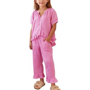image:imageFlygo Girls Gingham 2 Piece Outfits Cotton Plaid Short Sleeve Button Down Peplum Top and Y2K Cute Ruffle Long Pants SetsRose