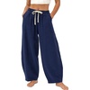 image:imageFlygo Cotton Linen Pants Women Wide Leg Harem Baggy Pants Summer Elastic Waist Flowy Casual Barrel Lantern TrousersNavy