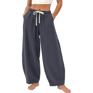 image:imageFlygo Cotton Linen Pants Women Wide Leg Harem Baggy Pants Summer Elastic Waist Flowy Casual Barrel Lantern TrousersDark Grey