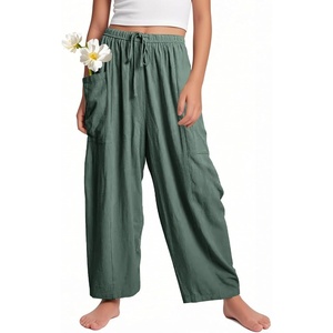 image:imageFlygo Girls Wide Leg Pants Casual Flowy Elastic Waist Palazzo Harem Trousers with PocketsGreen