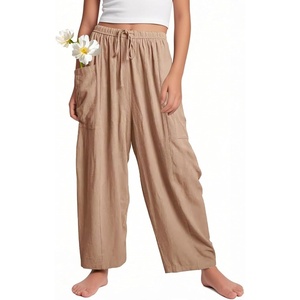 image:imageFlygo Girls Wide Leg Pants Casual Flowy Elastic Waist Palazzo Harem Trousers with PocketsKhaki