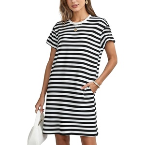 image:imageFlygo Womens Summer T Shirt Dress Cotton Striped Short Sleeve Crewneck Mini Dresses Casual Shift Short Dress with PocketsBlackwhite