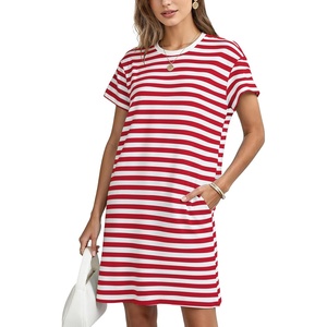 image:imageFlygo Womens Summer T Shirt Dress Cotton Striped Short Sleeve Crewneck Mini Dresses Casual Shift Short Dress with PocketsRedwhite