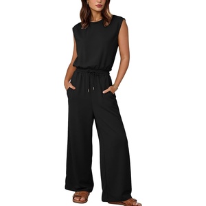 image:imageFlygo Jumpsuits for Women Crewneck Cap Sleeve Open Back One Piece Outfits Wide Leg Drawstring Romper Pants with PocketsBlack