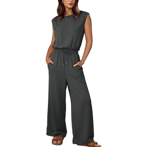 image:imageFlygo Jumpsuits for Women Crewneck Cap Sleeve Open Back One Piece Outfits Wide Leg Drawstring Romper Pants with PocketsDarkgrey