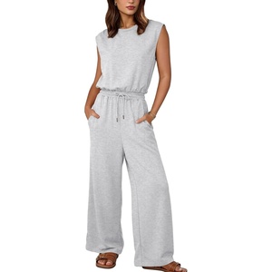 image:imageFlygo Jumpsuits for Women Crewneck Cap Sleeve Open Back One Piece Outfits Wide Leg Drawstring Romper Pants with PocketsWhiteheather