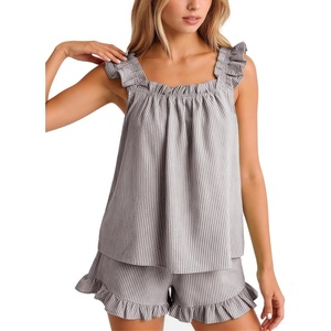 image:imageFlygo Striped Pajamas Set for Women Cotton 2 Piece Lounge Sets Ruffle Cami Top and Shorts Cute Summer Pj SleepwearCoffee