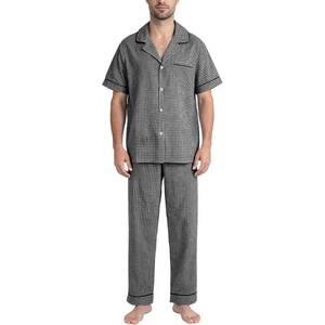 image:imageFlygo Mens Plaid Pajamas Set Cotton Gingham Short Sleeve Button Down Sleepwear Soft Pj Pants 2 Piece Loungewear with PocketsBlack