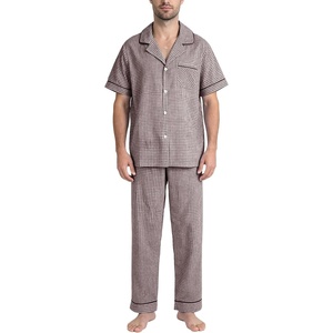 image:imageFlygo Mens Plaid Pajamas Set Cotton Gingham Short Sleeve Button Down Sleepwear Soft Pj Pants 2 Piece Loungewear with PocketsCoffee