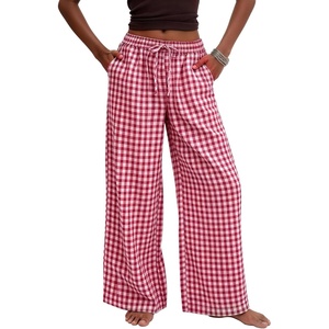 image:imageFlygo Gingham Wide Leg Pants for Women 2026 Summer Casual Plaid Palazzo Drawstring Elastic Waist Trousers with PocketsRed