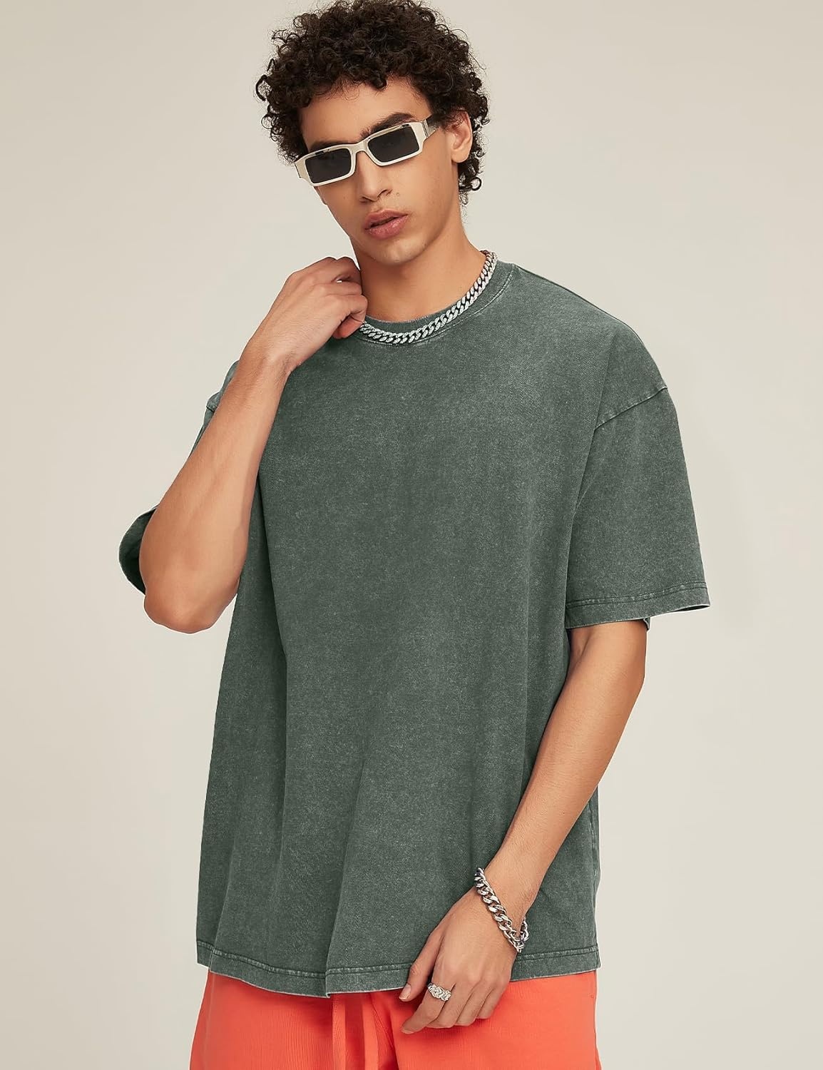 image:imageFlygo Mens Oversized TShirts Acid Wash Cotton Vintage Loose Fit Baggy Tees Summer Short Sleeve Basic Streetwear TopsBlackgreyarmybluebeige