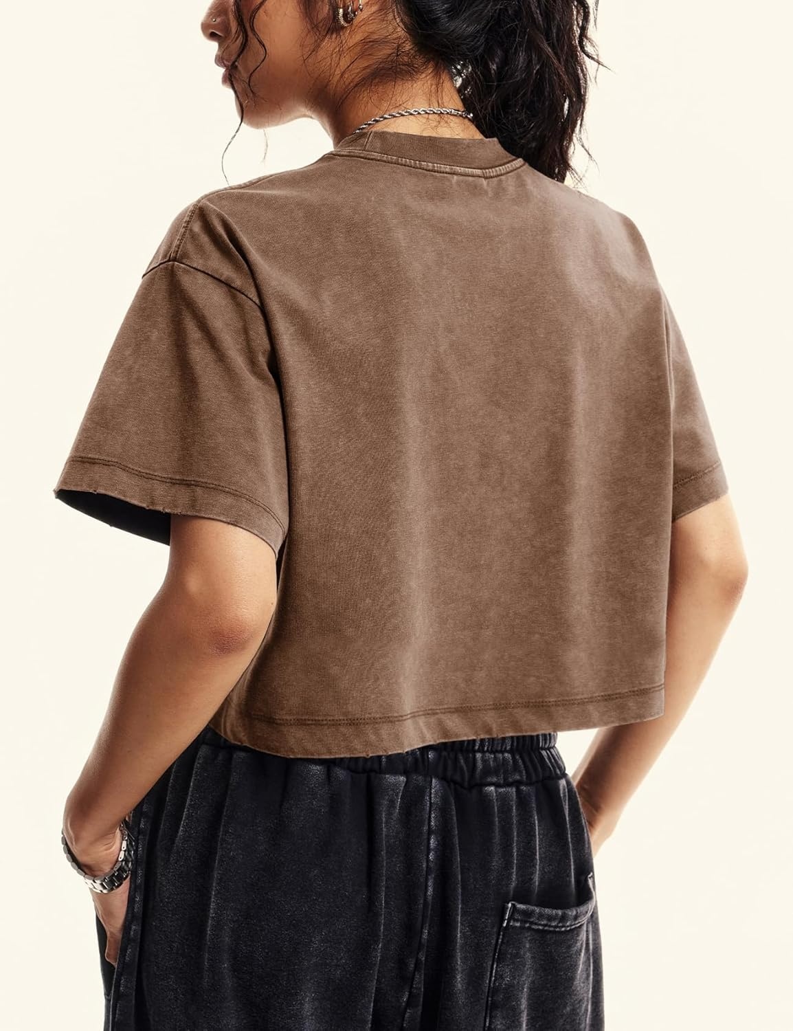 image:imageFlygo Womens Crop Tops Acid Wash Oversized T Shirts Vintage Cotton Cropped Tees Short Sleeve Baggy Summer ShirtsCoffee