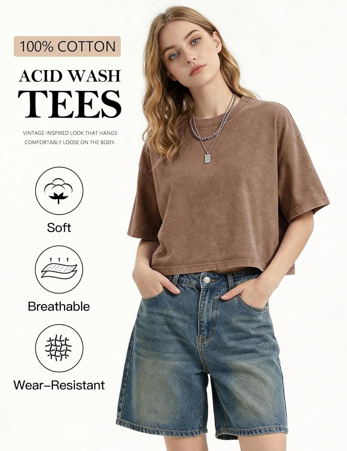 image:imageFlygo Womens Crop Tops Acid Wash Oversized T Shirts Vintage Cotton Cropped Tees Short Sleeve Baggy Summer ShirtsCoffee