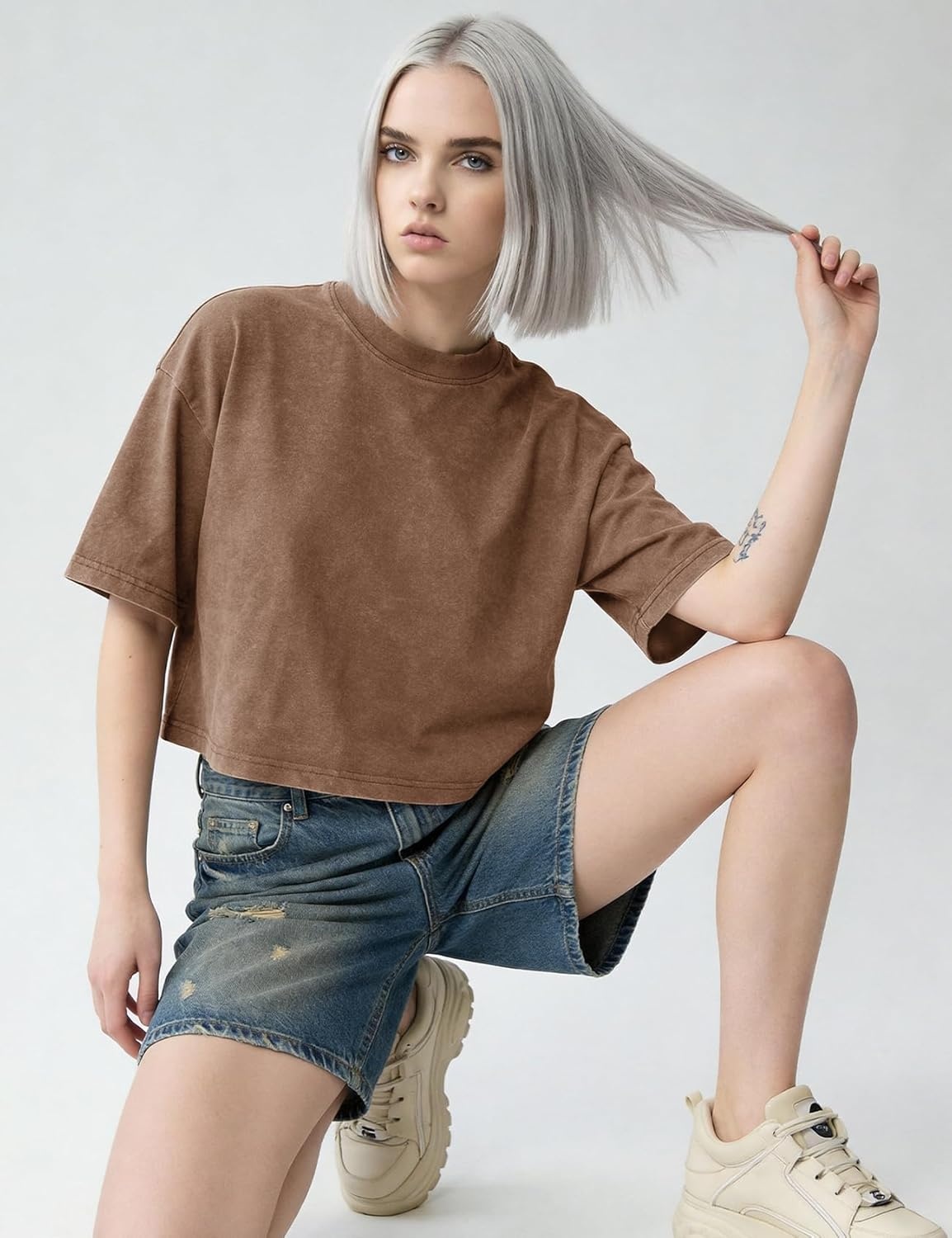 image:imageFlygo Womens Crop Tops Acid Wash Oversized T Shirts Vintage Cotton Cropped Tees Short Sleeve Baggy Summer ShirtsCoffee