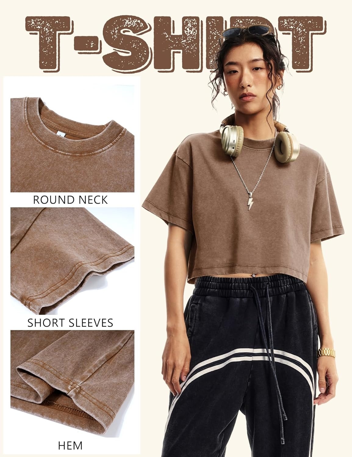 image:imageFlygo Womens Crop Tops Acid Wash Oversized T Shirts Vintage Cotton Cropped Tees Short Sleeve Baggy Summer ShirtsCoffee