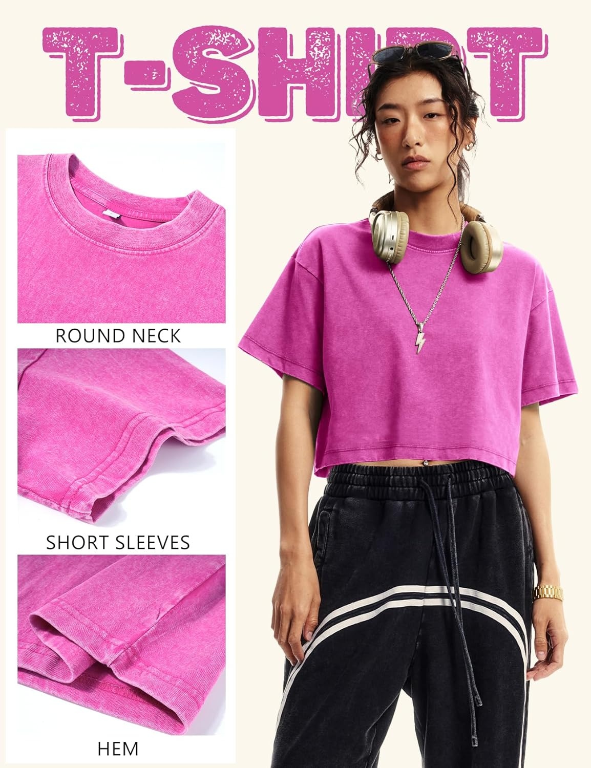 image:imageFlygo Womens Crop Tops Acid Wash Oversized T Shirts Vintage Cotton Cropped Tees Short Sleeve Baggy Summer ShirtsRose