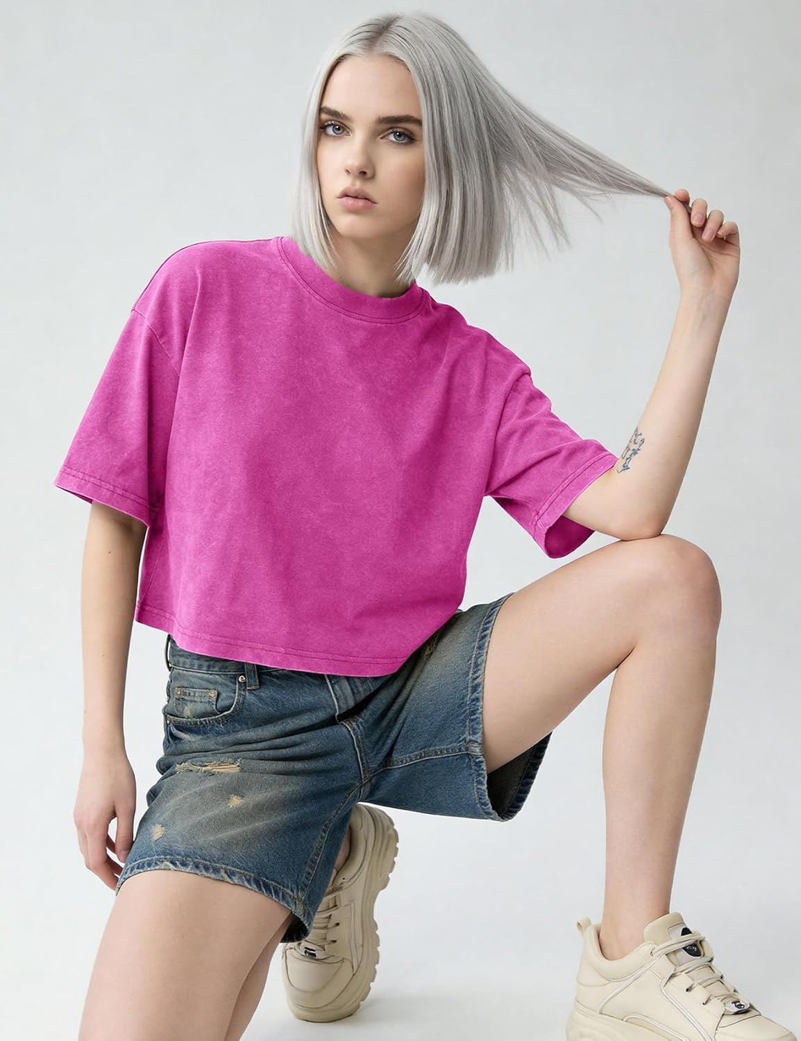 image:imageFlygo Womens Crop Tops Acid Wash Oversized T Shirts Vintage Cotton Cropped Tees Short Sleeve Baggy Summer ShirtsRose