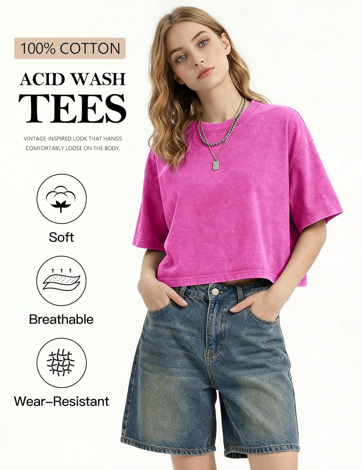 image:imageFlygo Womens Crop Tops Acid Wash Oversized T Shirts Vintage Cotton Cropped Tees Short Sleeve Baggy Summer ShirtsRose