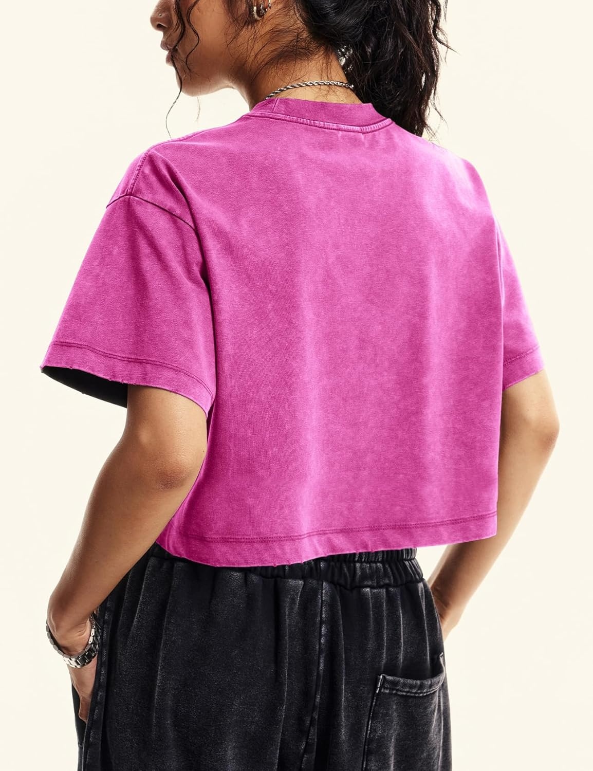 image:imageFlygo Womens Crop Tops Acid Wash Oversized T Shirts Vintage Cotton Cropped Tees Short Sleeve Baggy Summer ShirtsRose
