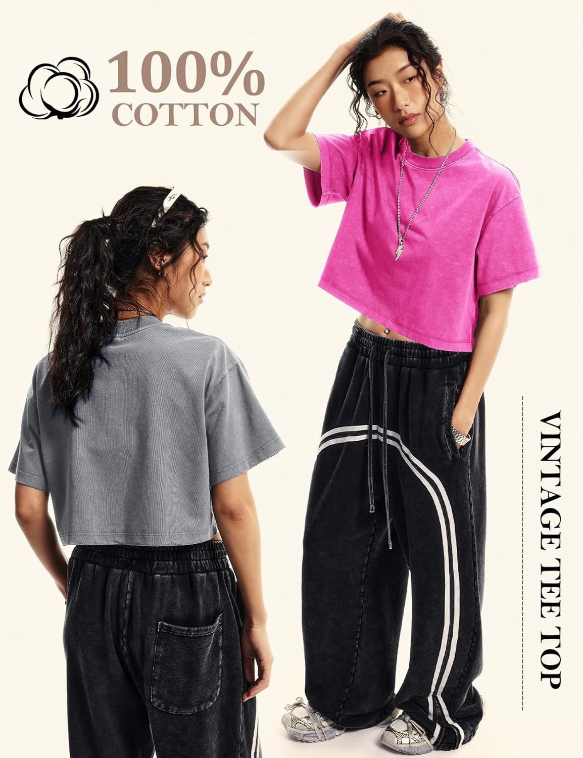 image:imageFlygo Womens Crop Tops Acid Wash Oversized T Shirts Vintage Cotton Cropped Tees Short Sleeve Baggy Summer ShirtsRoseGreyBlack
