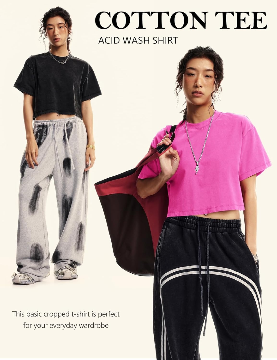 image:imageFlygo Womens Crop Tops Acid Wash Oversized T Shirts Vintage Cotton Cropped Tees Short Sleeve Baggy Summer ShirtsRoseGreyBlack