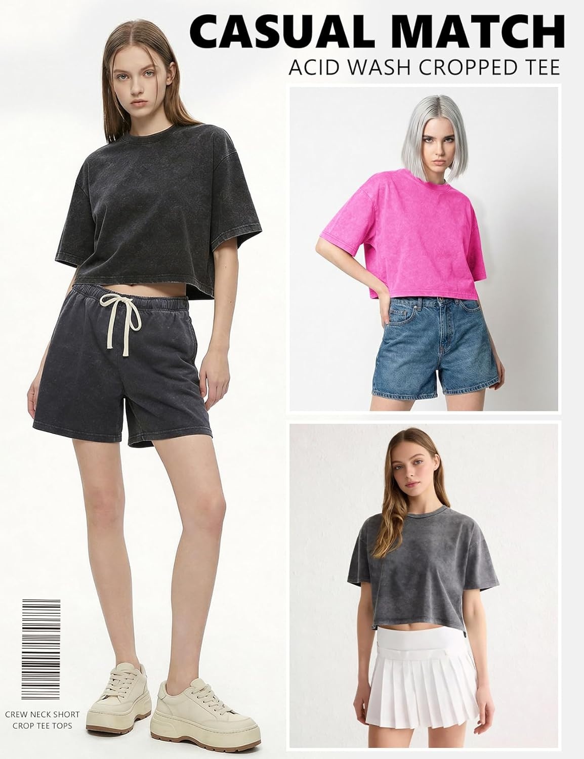 image:imageFlygo Womens Crop Tops Acid Wash Oversized T Shirts Vintage Cotton Cropped Tees Short Sleeve Baggy Summer ShirtsRoseGreyBlack