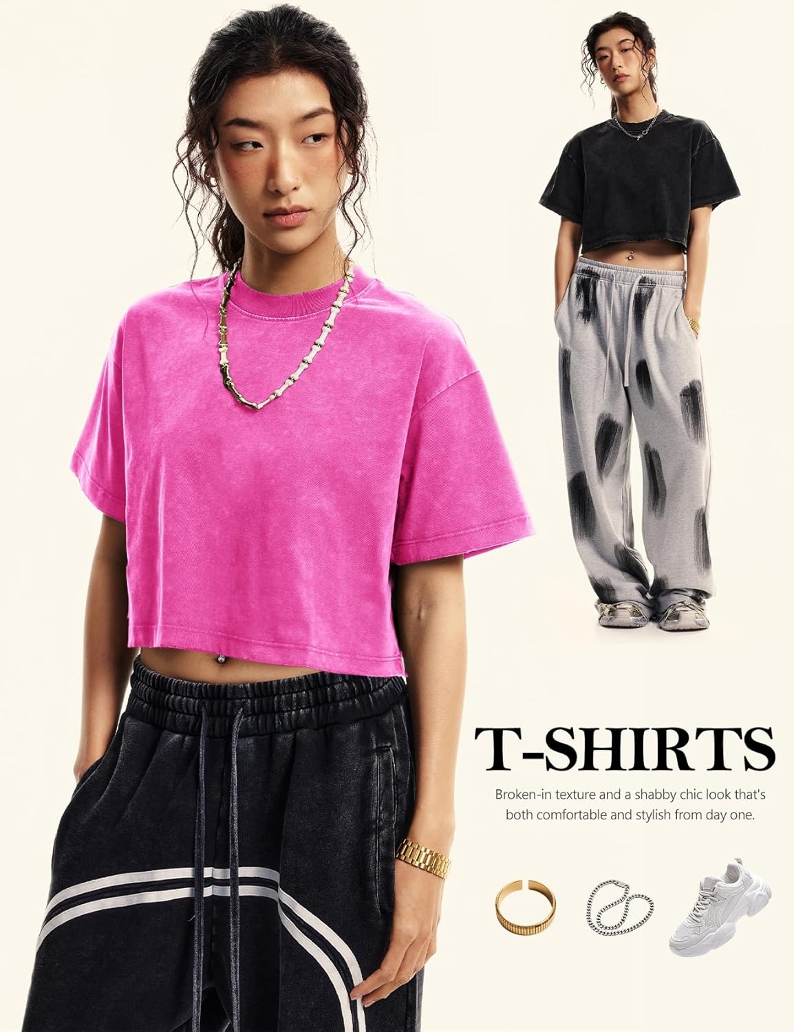 image:imageFlygo Womens Crop Tops Acid Wash Oversized T Shirts Vintage Cotton Cropped Tees Short Sleeve Baggy Summer ShirtsRoseGreyBlack