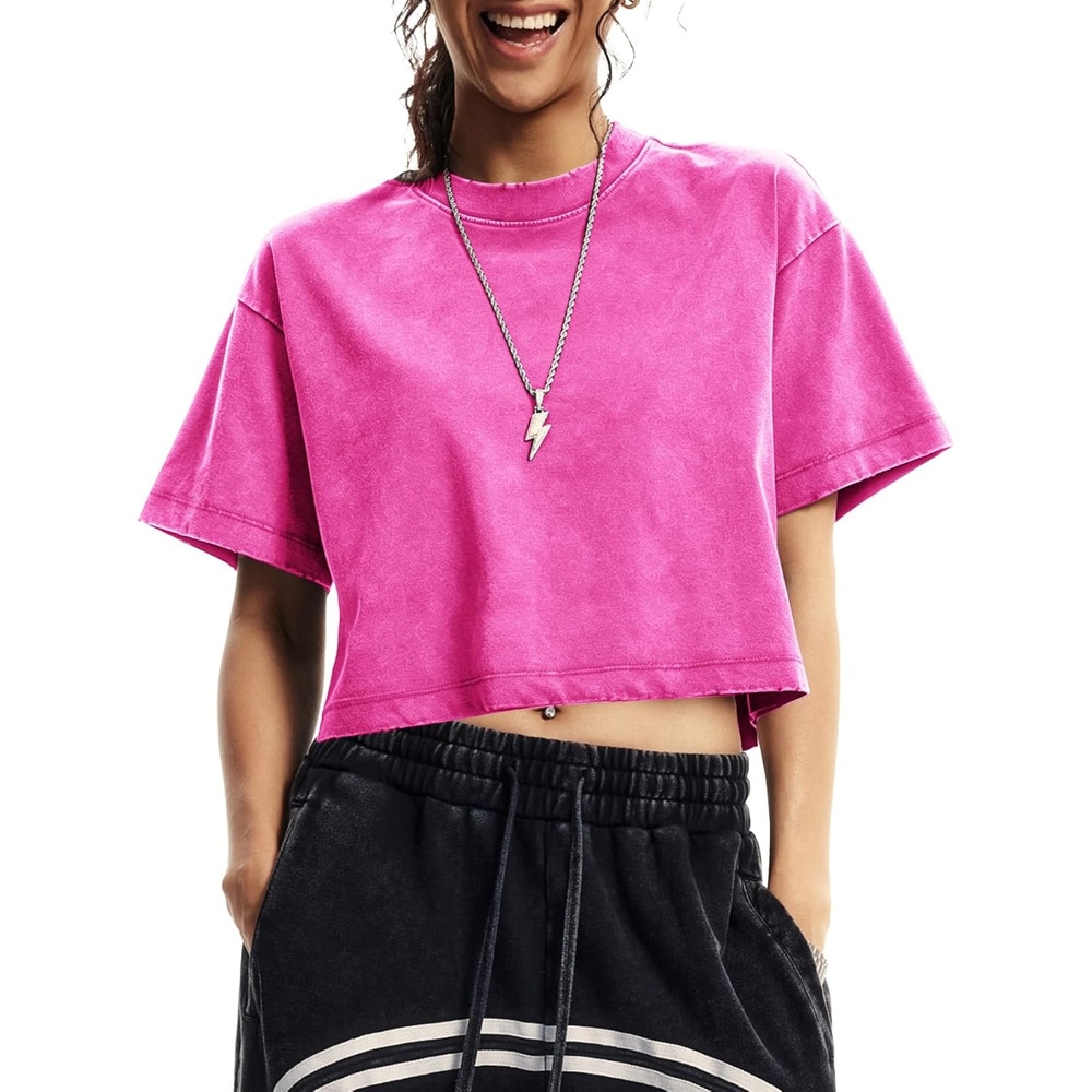 image:imageFlygo Womens Crop Tops Acid Wash Oversized T Shirts Vintage Cotton Cropped Tees Short Sleeve Baggy Summer ShirtsRose