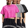 image:imageFlygo Womens Crop Tops Acid Wash Oversized T Shirts Vintage Cotton Cropped Tees Short Sleeve Baggy Summer ShirtsRoseGreyBlack