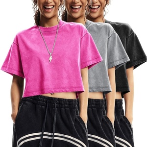 image:imageFlygo Womens Crop Tops Acid Wash Oversized T Shirts Vintage Cotton Cropped Tees Short Sleeve Baggy Summer ShirtsRoseGreyBlack