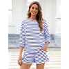 image:imageFlygo Striped 2 Piece Short Sets for Women Casual Cotton Long Sleeve Pullover Top Matching Pj Shorts Lounge Sets with PocketsBlue
