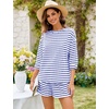 image:imageFlygo Striped 2 Piece Short Sets for Women Casual Cotton Long Sleeve Pullover Top Matching Pj Shorts Lounge Sets with PocketsBlue